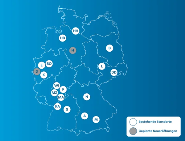 Deutschlandkarte mit eingezeichneten AllDent-Standorten