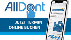 Banner Online Termin buchen mit AlllDent Logo und Handy mit Terminkalender